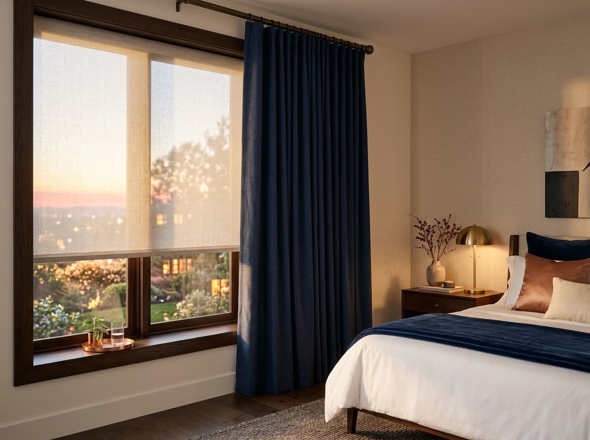 Sheer roller shade and overlaid blackout drapery in a calm hotel-suite bedroom