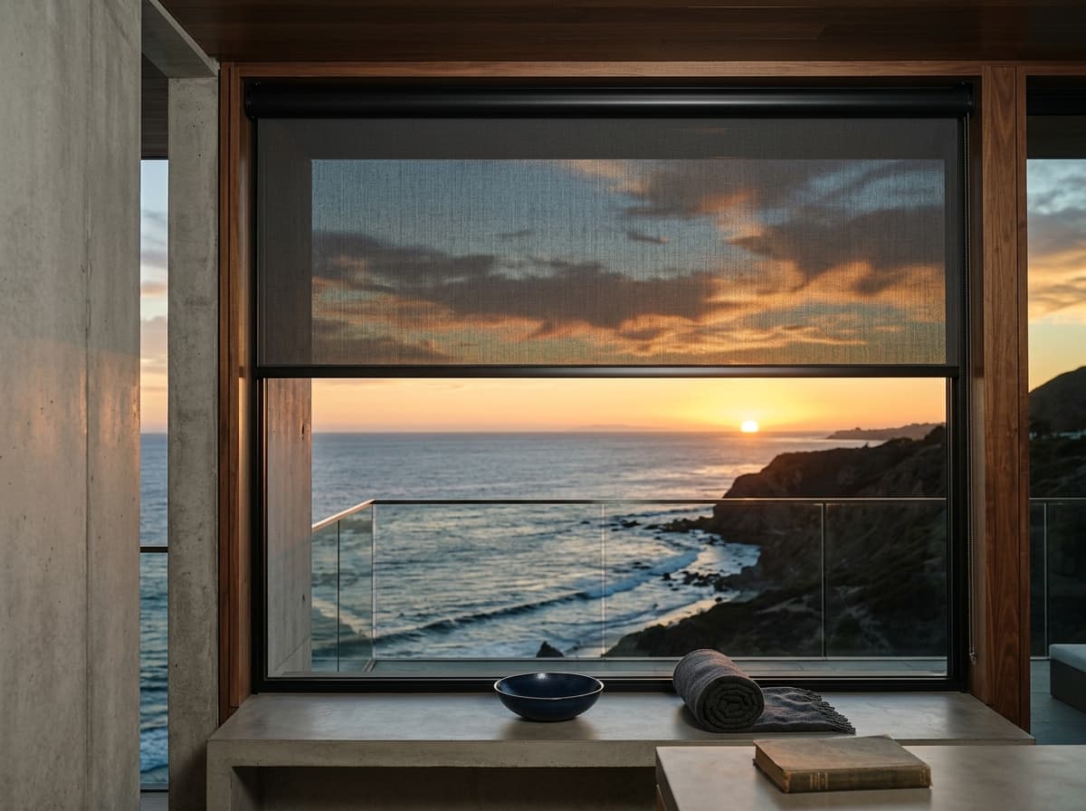 Charcoal solar-fabric roller shade descending in front of a Pacific-facing picture window