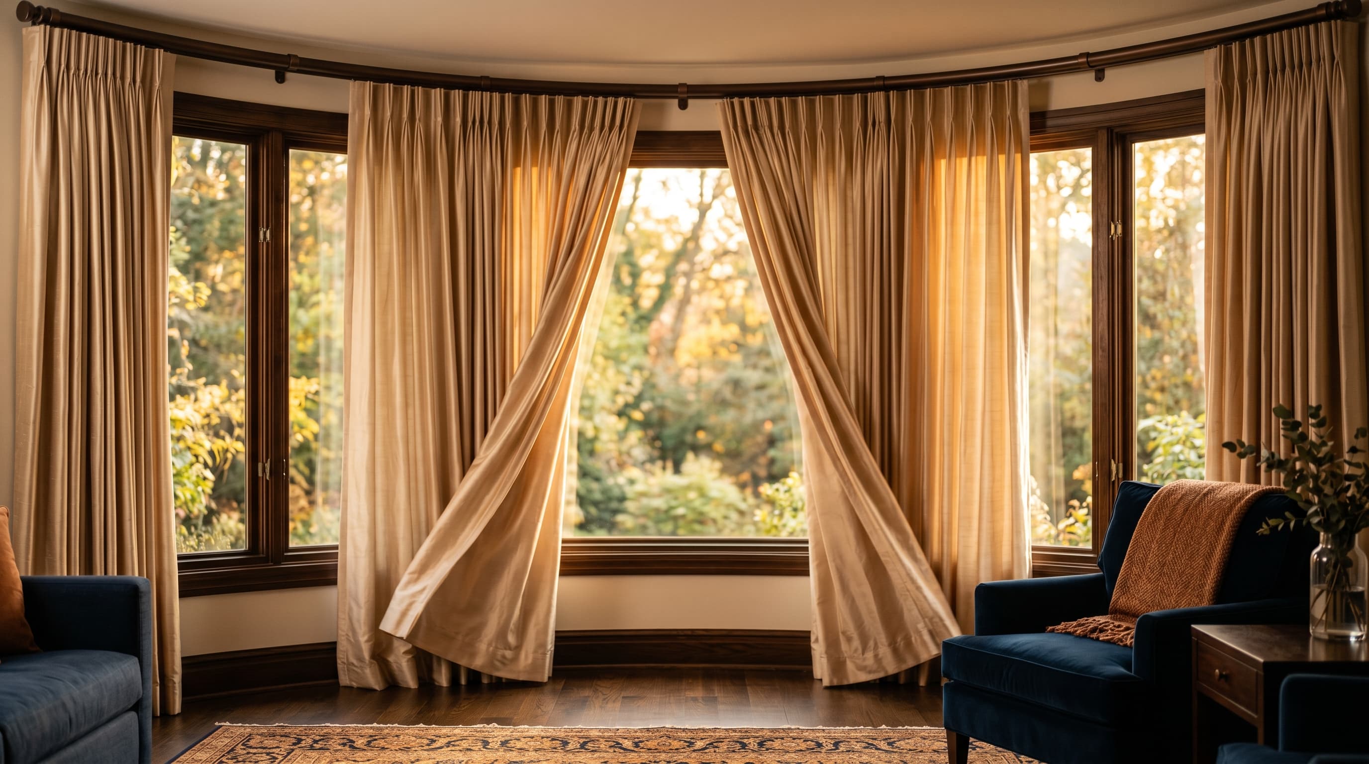 Champagne silk pinch-pleat drapery on a curved bay-window track at golden hour