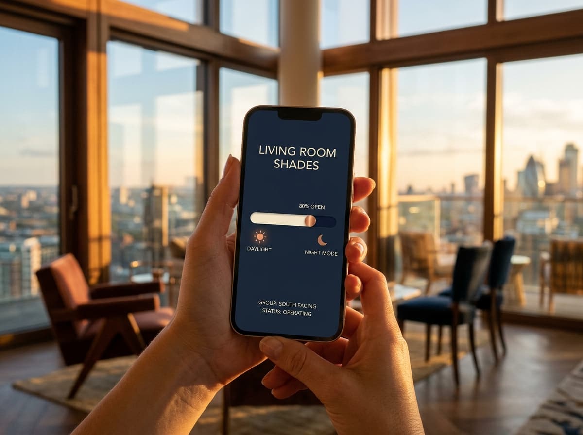 Hands holding an iPhone displaying a minimalist shade-control interface in a sunlit penthouse