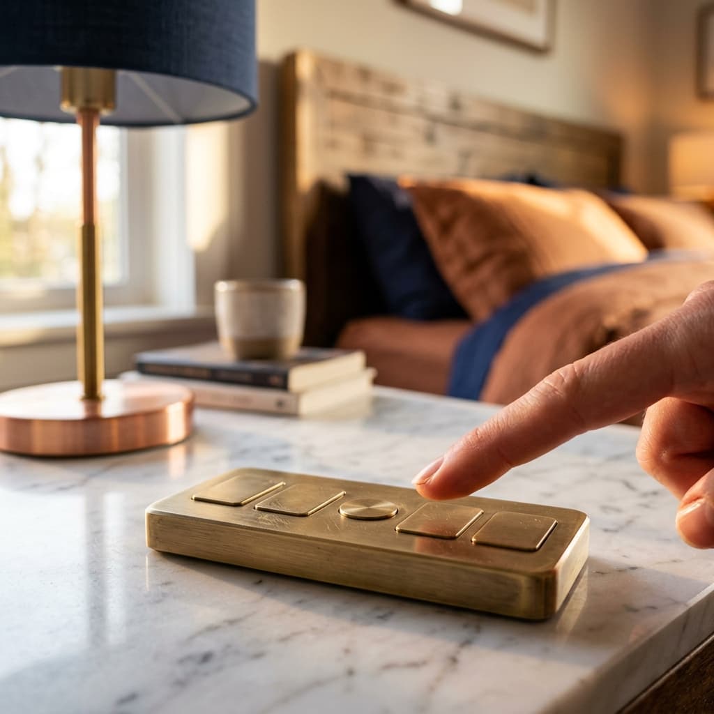 Macro of a brushed-brass remote on a Carrara marble nightstand, a finger about to press it