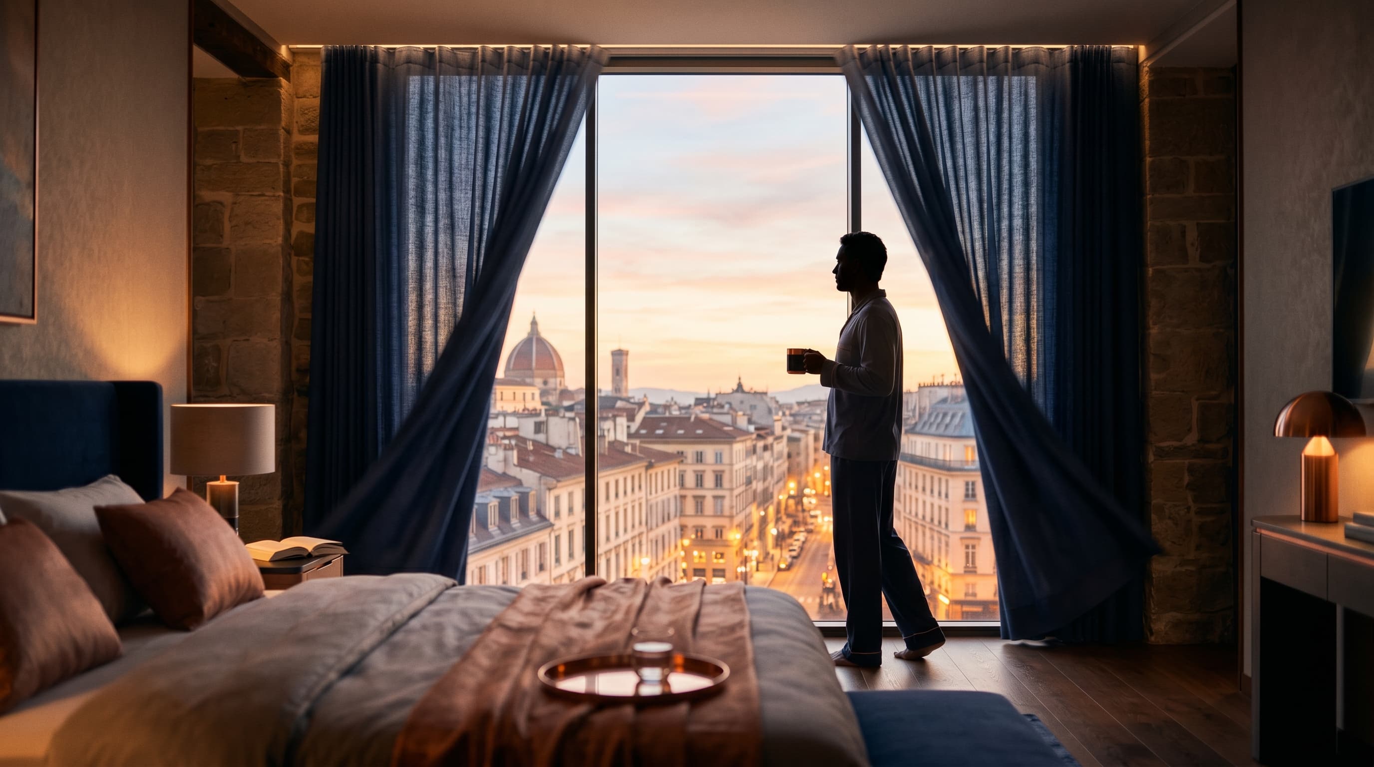 Boutique hotel suite at dawn with motorized drapes opening automatically