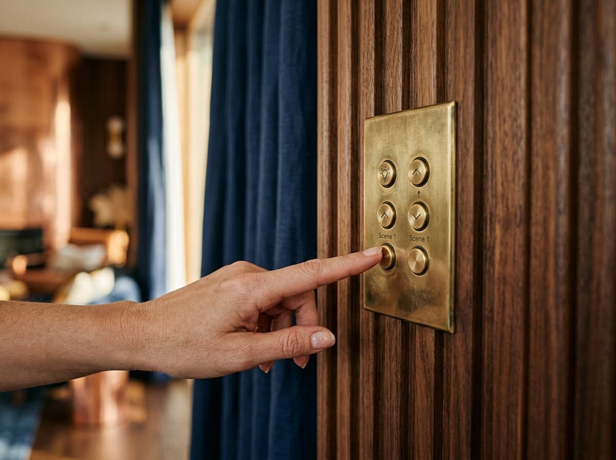 A hand barely touching a brass wall keypad on a fluted-walnut wall, soft daylight and custom drapery defocused behind