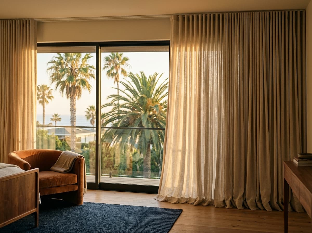 Cascading ripple-fold linen drapery framing palm trees in afternoon light