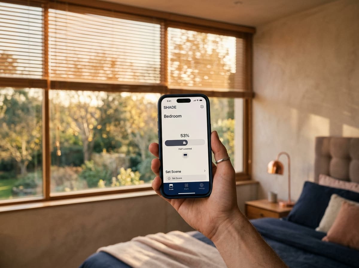 Hand holding an iPhone showing a minimalist shade-control app in a sun-washed bedroom