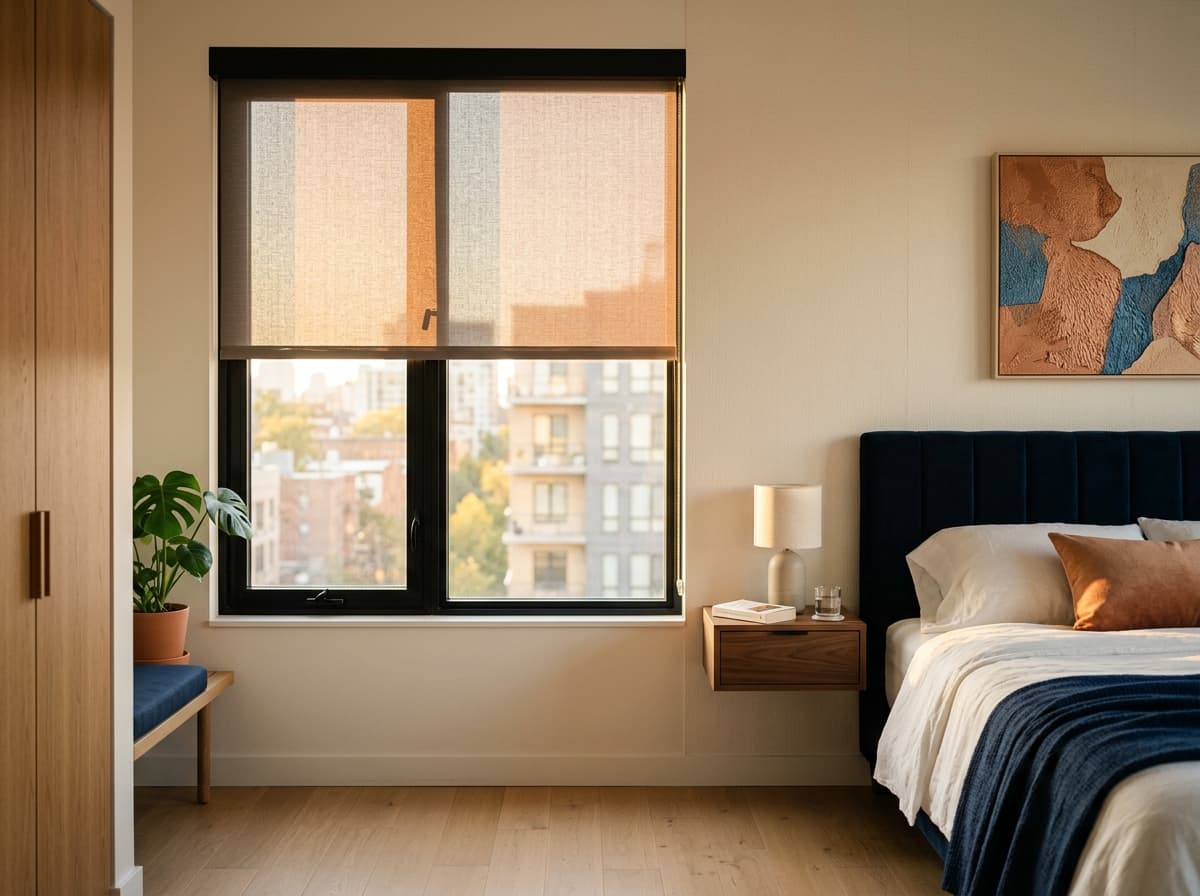 Bright contemporary bedroom with a motorized roller shade lowering in morning sun